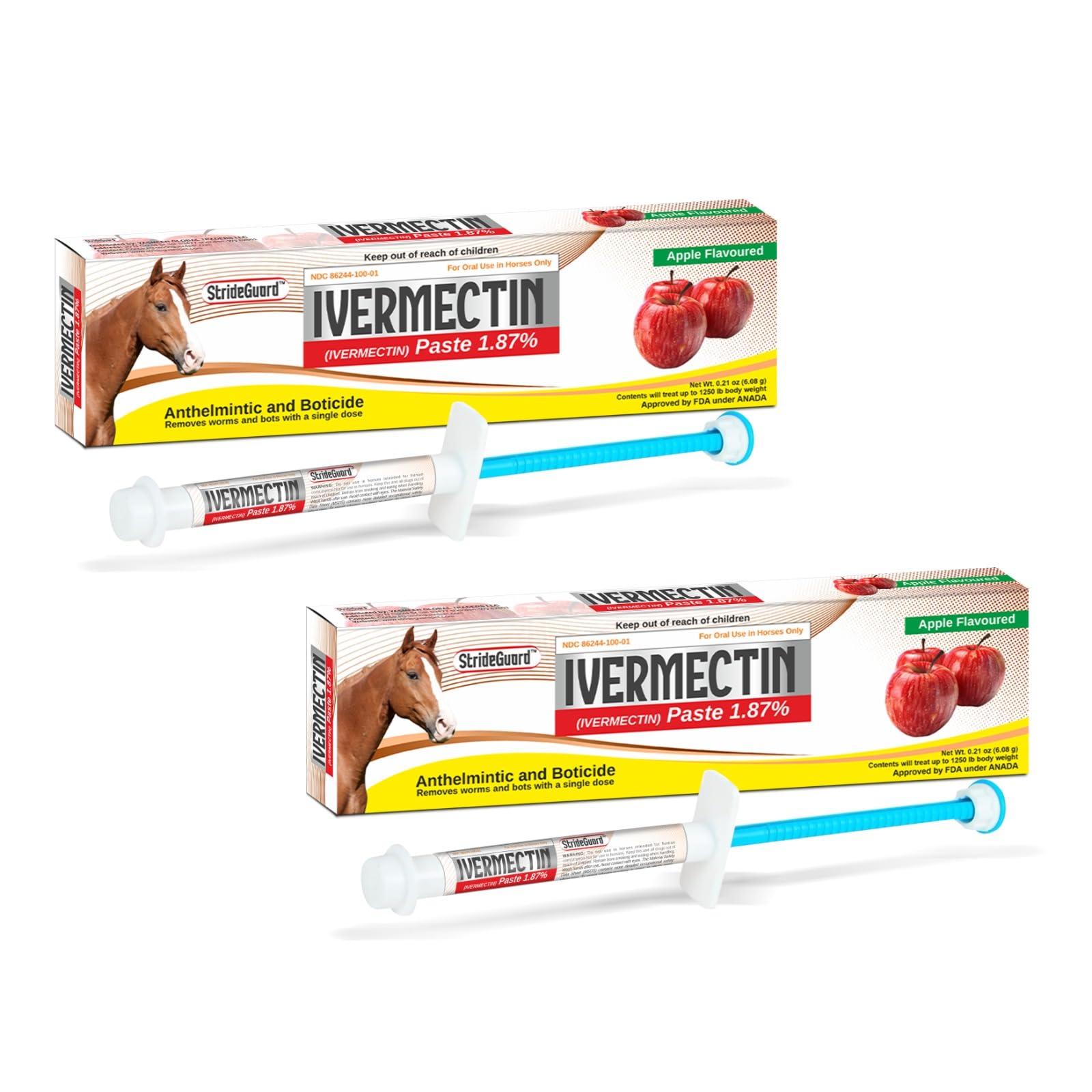 StrideGuard apple-flavored paste tube front for easy horse dosing.