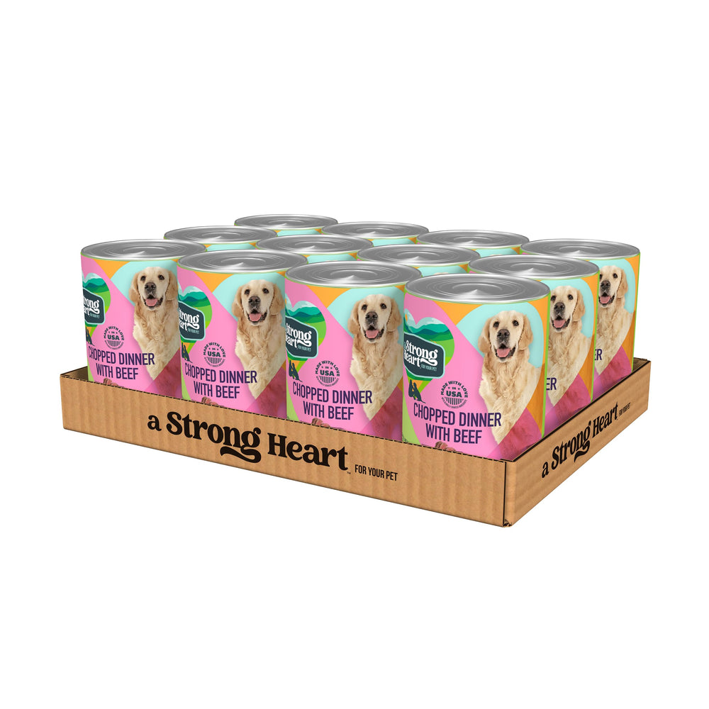 Strongheart beef-chopped wet dog food can highlights premium protein for daily energy