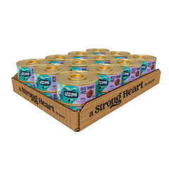 Strongheart beef dinner pate can showing 3 oz serving for a satisfying meal