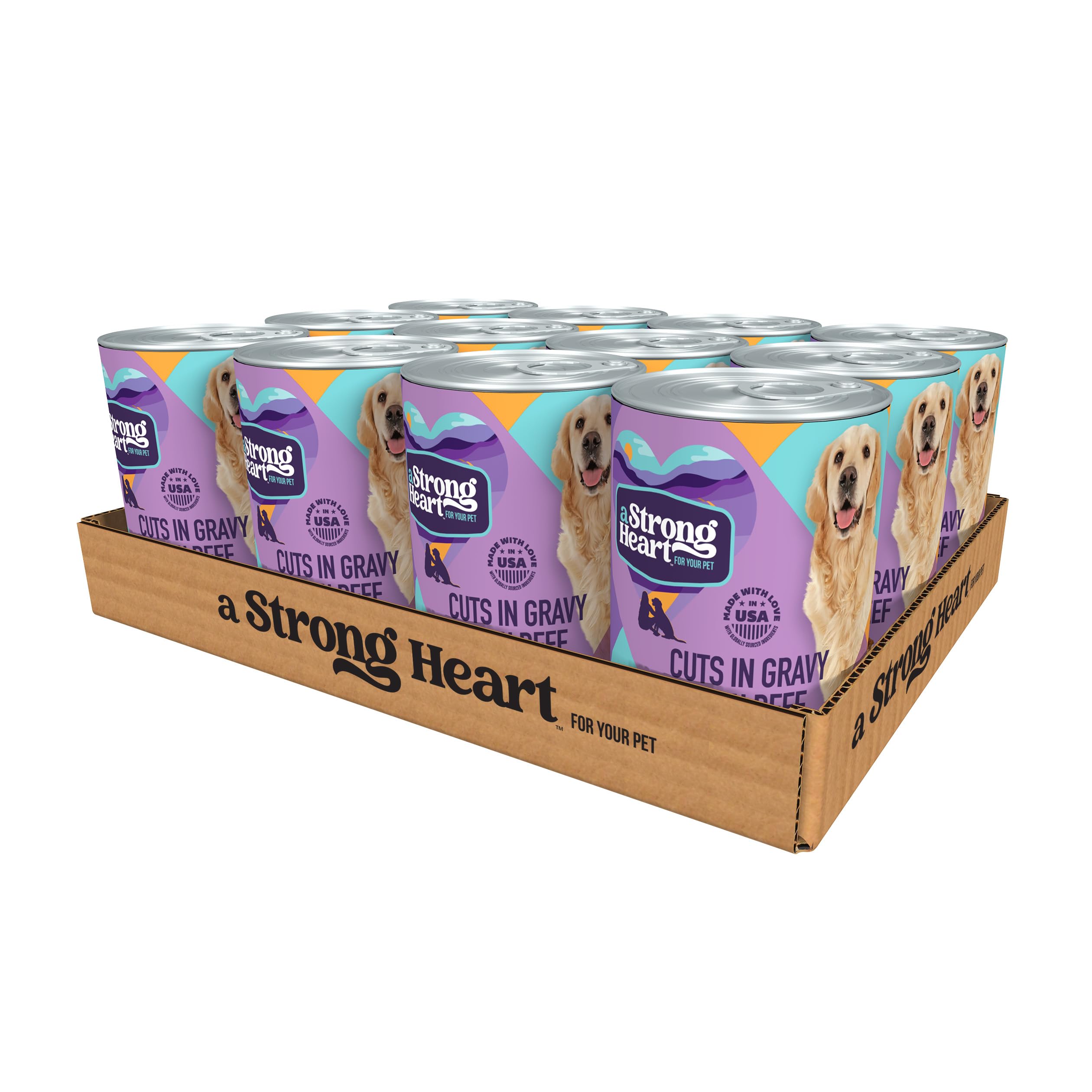StrongHeart beef in gravy wet dog food can with visible beef chunks and gravy.