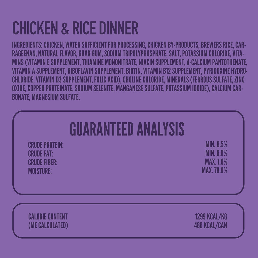 Strongheart chicken and rice wet dog food label shows USA-made quality.