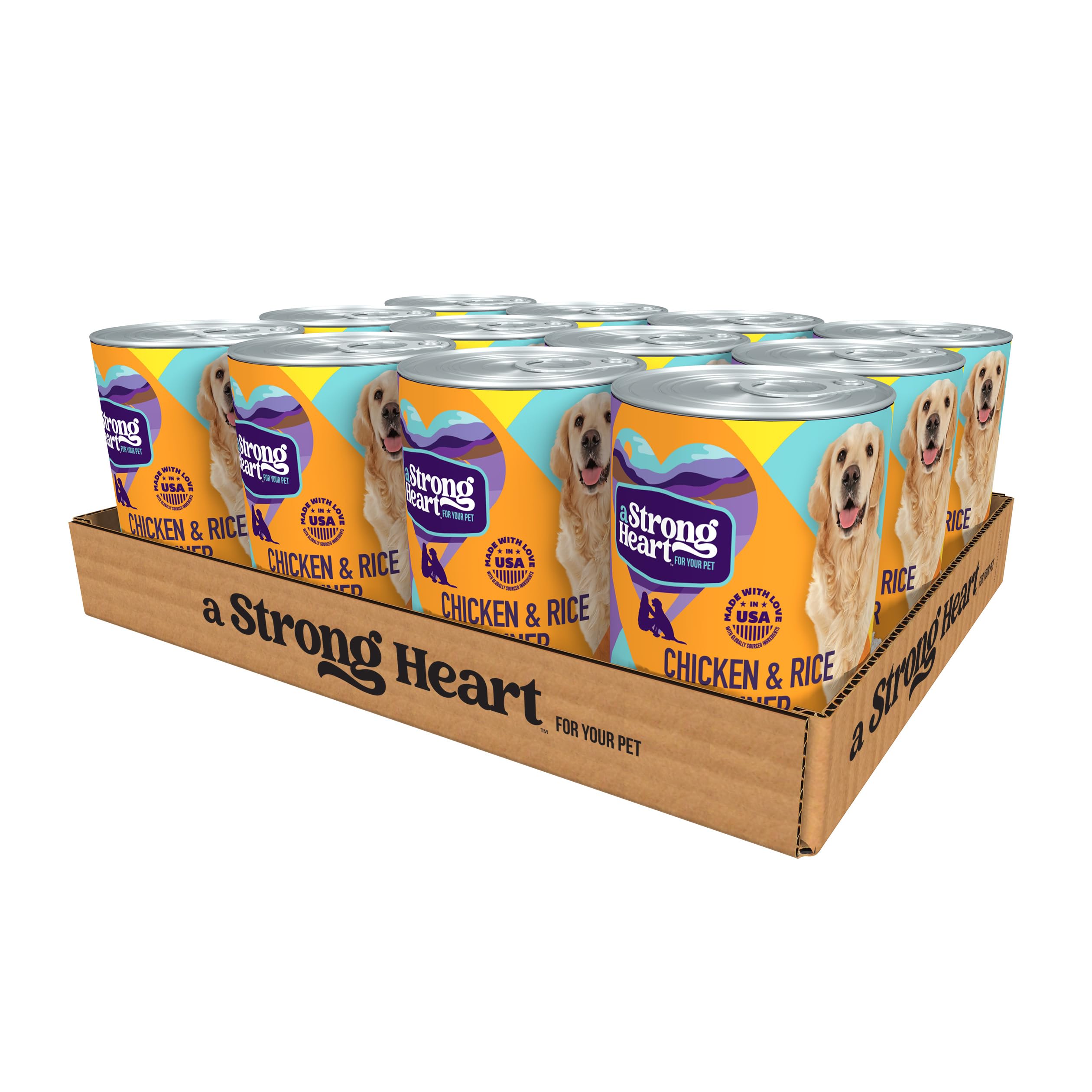 Strongheart chicken and rice wet dog food pack of 12 cans for balanced meals.