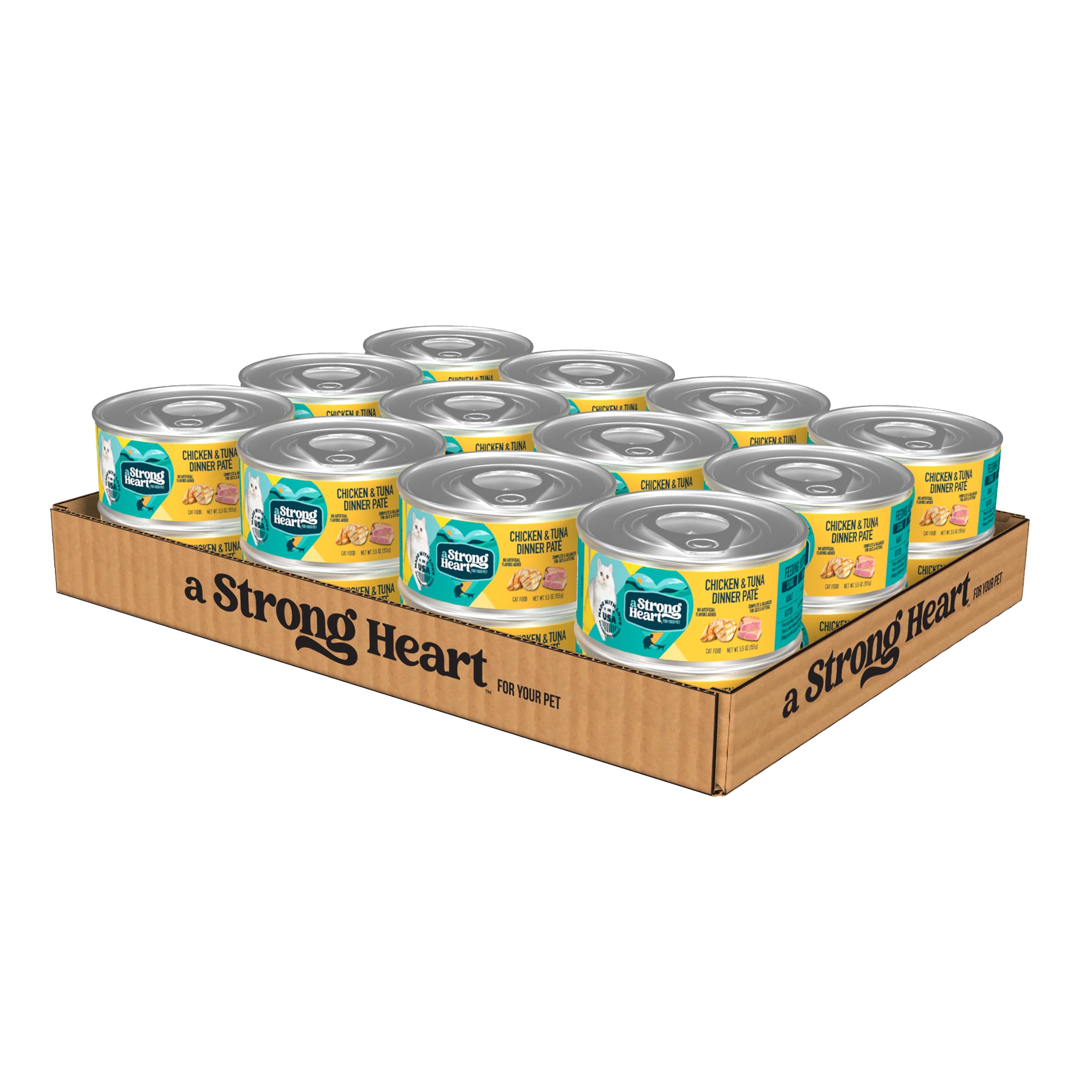 Strongheart chicken-tuna pate can front label highlighting protein-rich cat meal