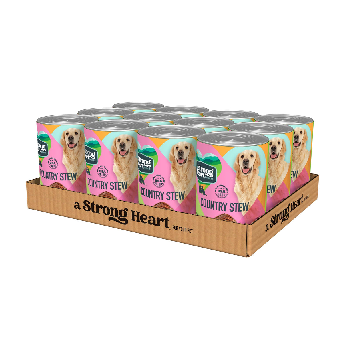 Strongheart Country Stew wet dog food can close-up for convenient serving at mealtime.