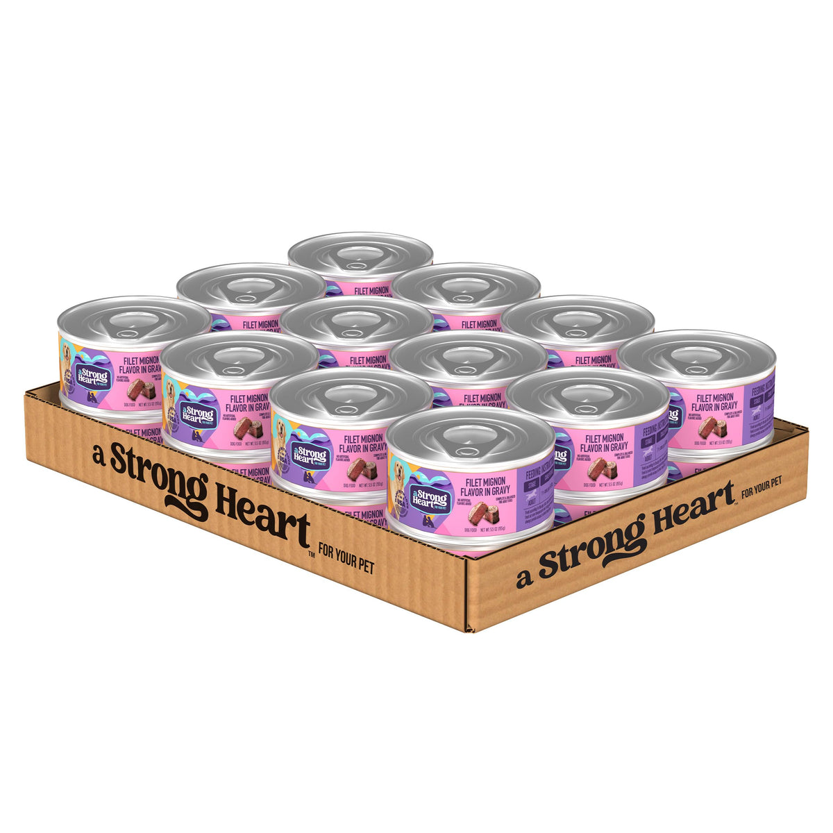 Strongheart filet mignon in gravy can showing premium protein for dogs.