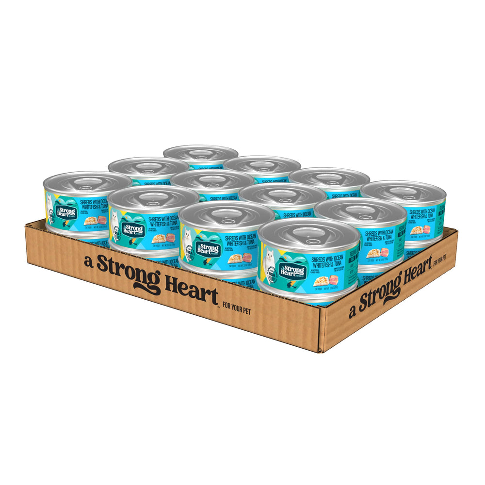 Strongheart ocean-whitefish-tuna-shreds 5.5 oz can: protein-rich texture for vitality.