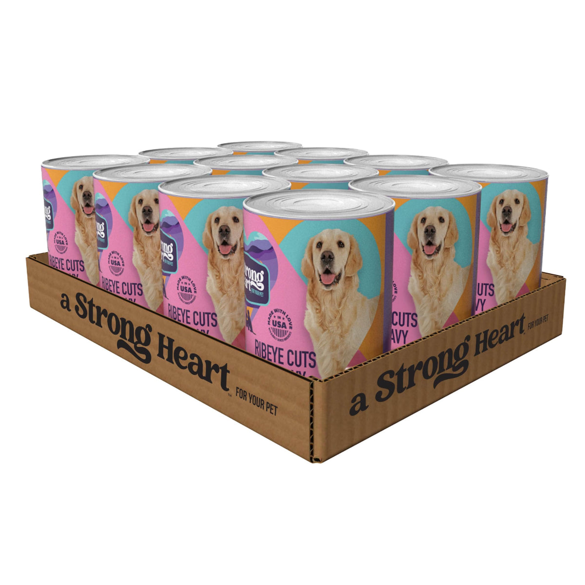 Strongheart ribeye cuts in gravy can showing beef chunks and silky sauce for appetizing meals.