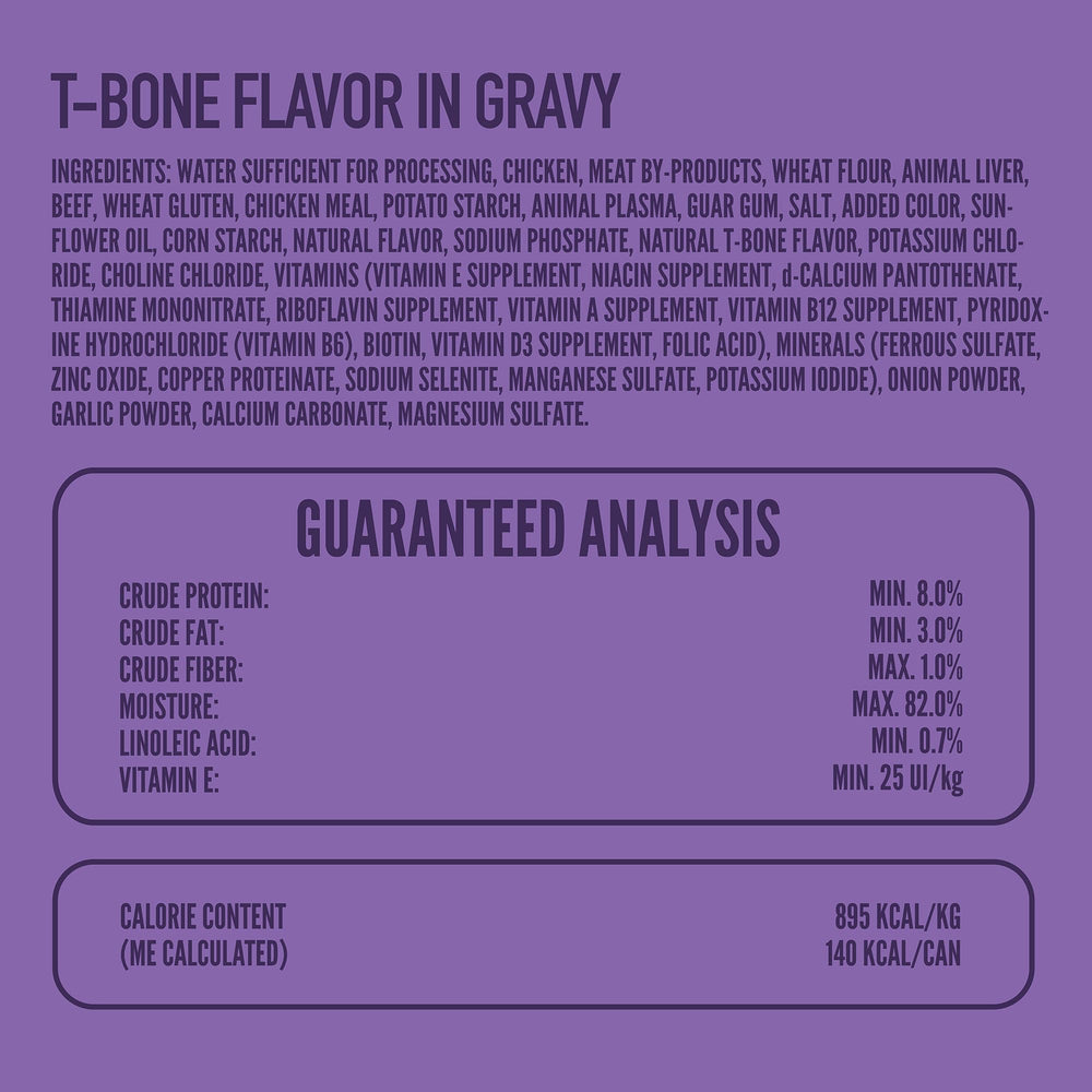 Strongheart t-bone wet dog food gravy closeup; savory gravy and tender meat chunks.