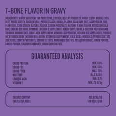 Strongheart t-bone wet dog food gravy closeup; savory gravy and tender meat chunks.