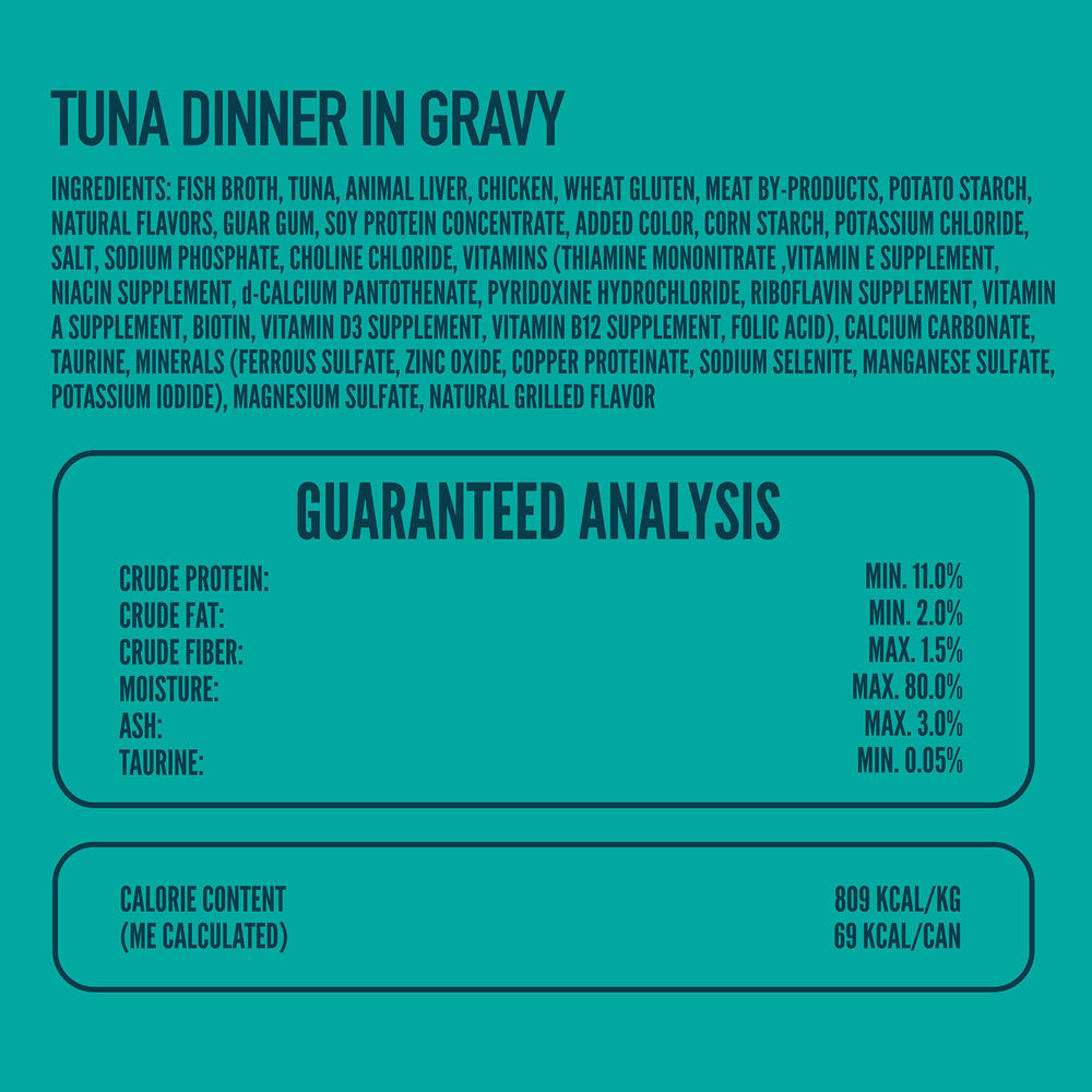 StrongHeart tuna dinner gravy can packaging emphasizes pack size and convenience.