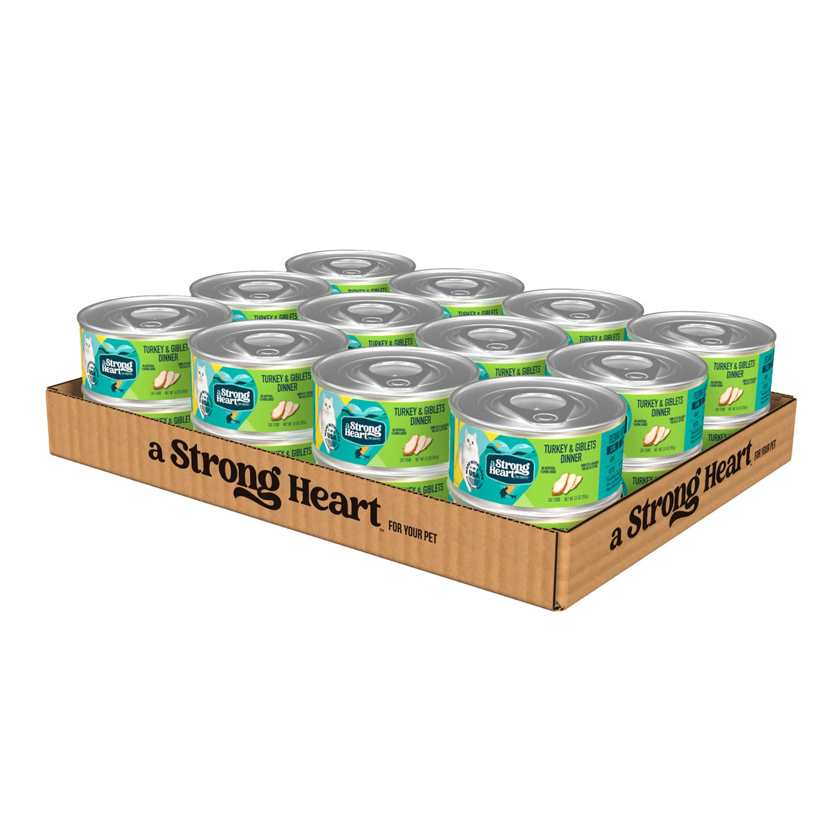 Strongheart turkey and giblets dinner can showing premium protein for cats.