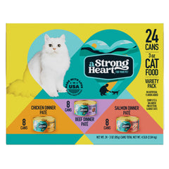 Strongheart variety pack showing chicken, beef, and salmon flavors for rotating meals.