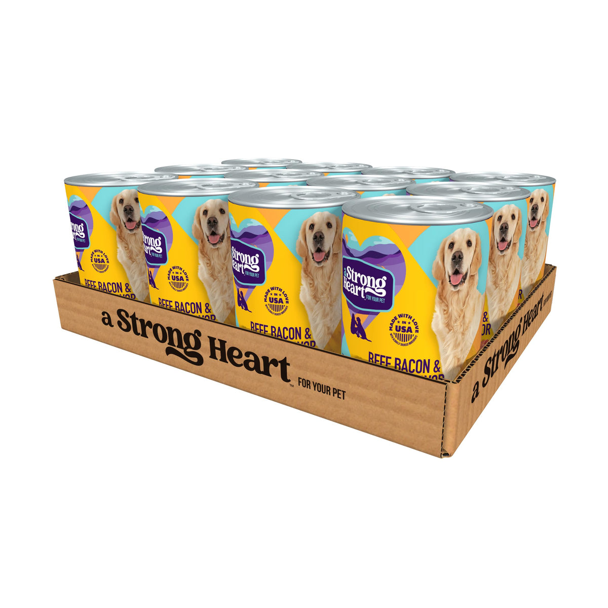 Strongheart beef-bacon-cheese wet dog food can, premium protein for energy.