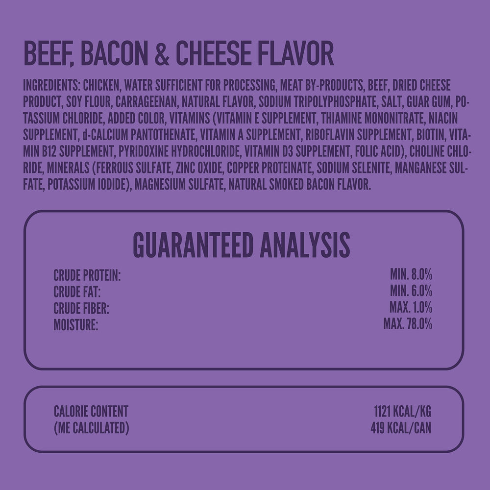 Strongheart beef-bacon-cheese wet dog food close-up, rich flavor blend.