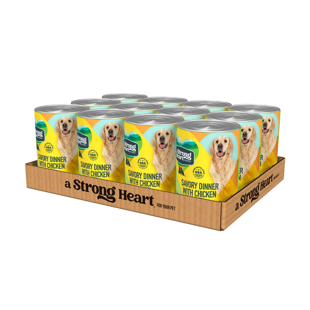 Strongheart wet dog food chicken cans pack 12 for convenient meals.