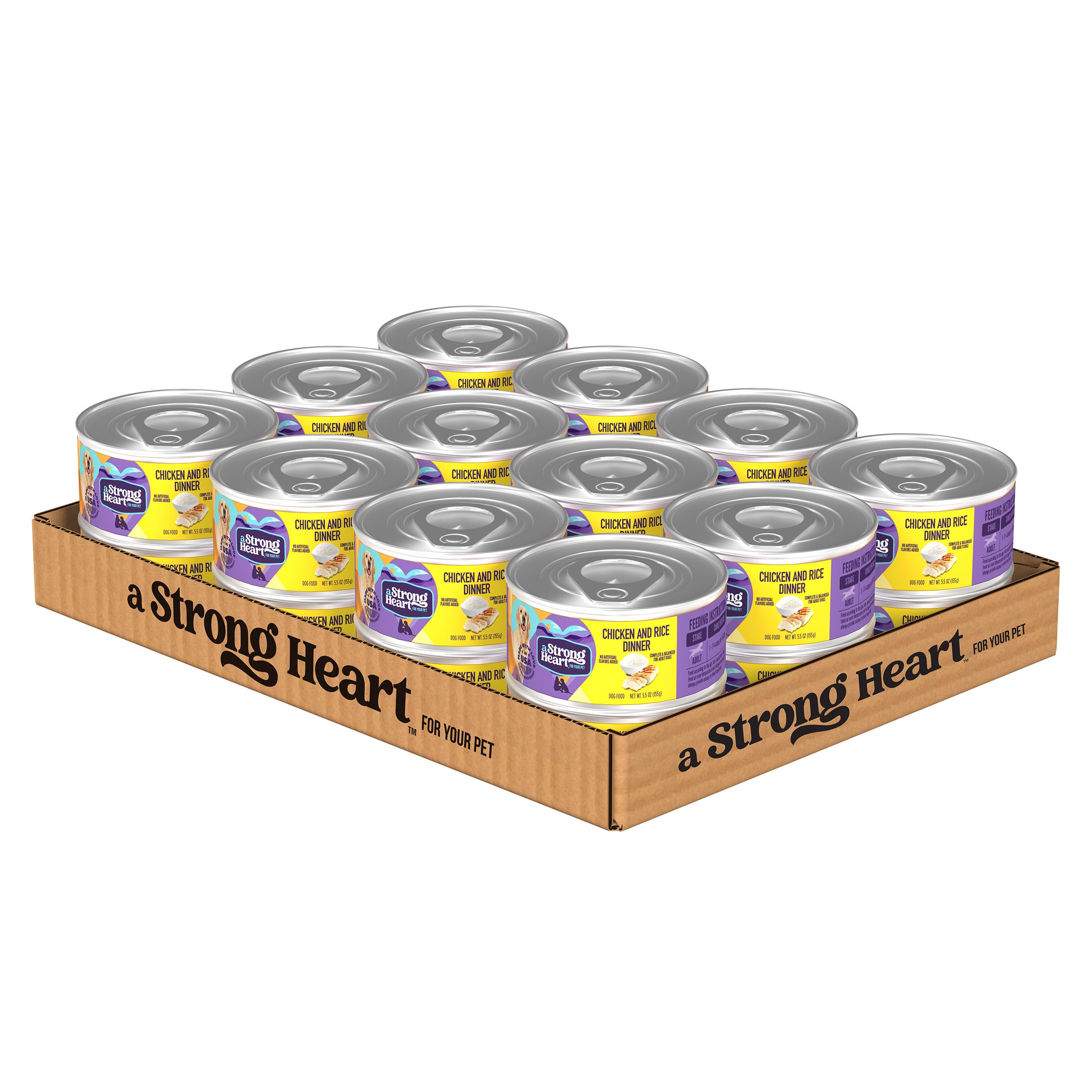 Strongheart chicken and rice wet dog food pack front illustrates a complete daily meal