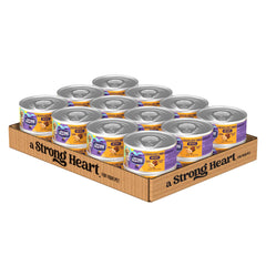 Strongheart wet puppy food can showing real chicken and beef for growing puppies.