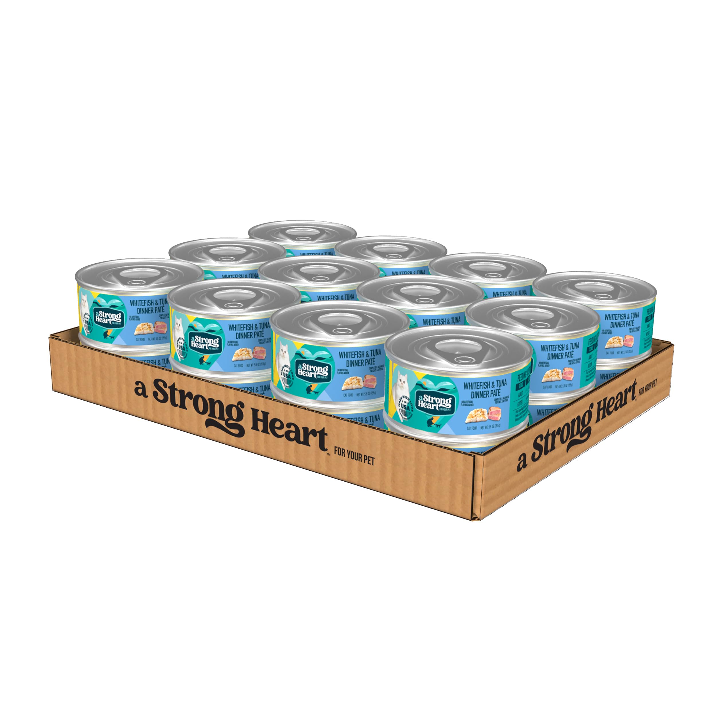 Strongheart whitefish tuna paté can beside a serving bowl, highlighting a protein-rich meal for cats.