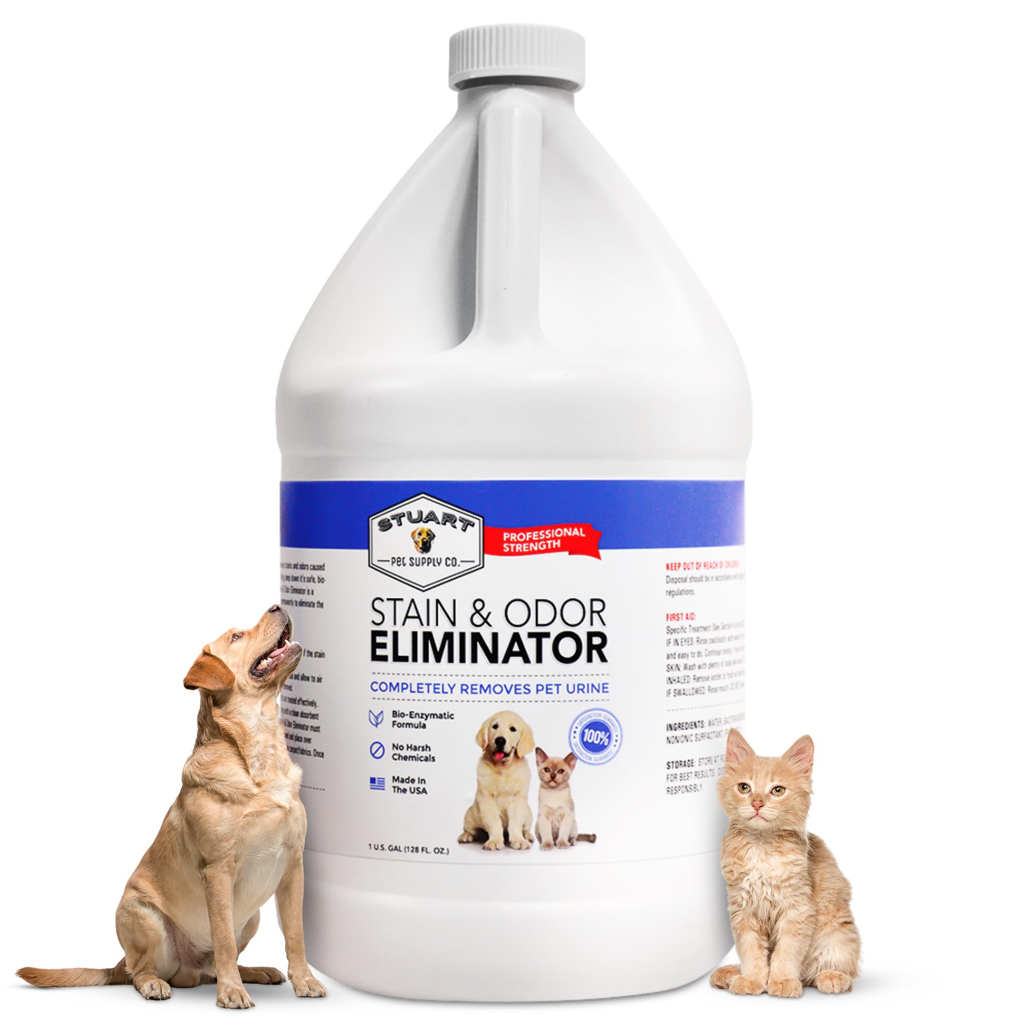 Stuart Pet Supply Co. Odor Eliminator bottle removes stains and odors effectively.
