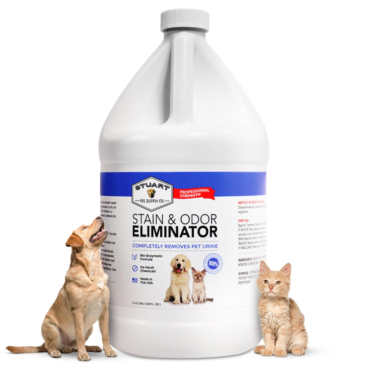 Stuart Pet Supply Co. Odor Eliminator bottle removes stains and odors effectively.