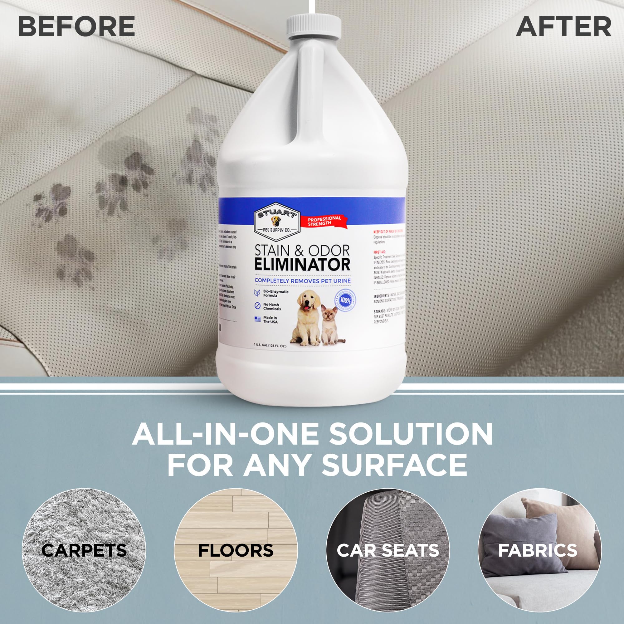 Stuart Pet Supply Co. Odor Eliminator tackles urine odors on rugs.