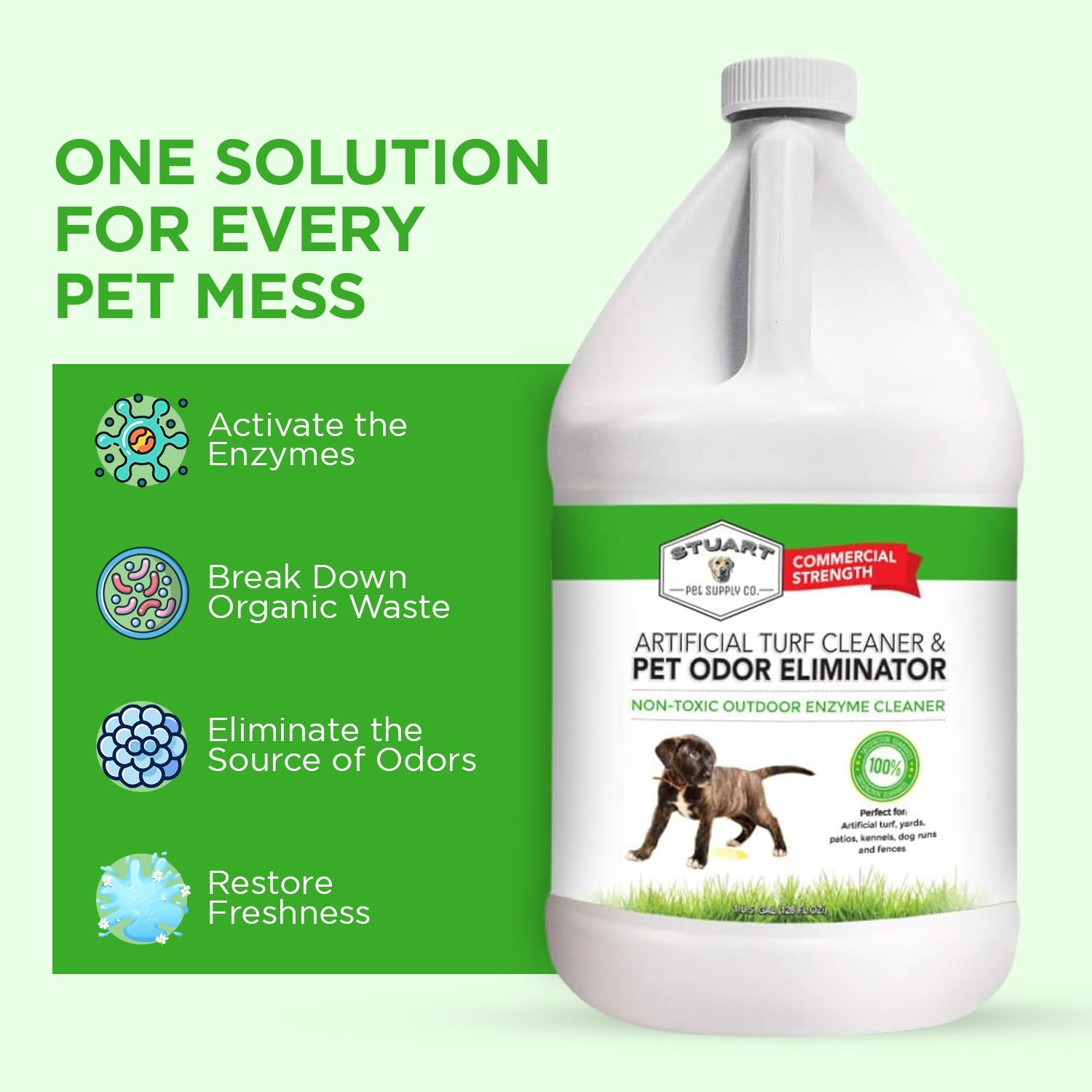 Stuart Pet Supply Co. hose-ready bottle enabling quick outdoor cleanup