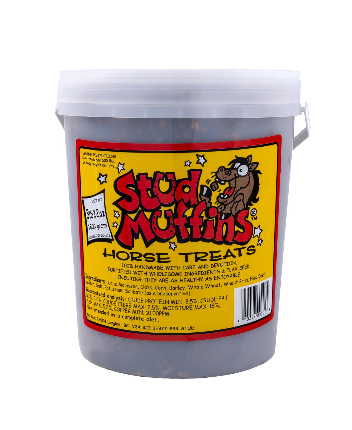 Stud Muffins 60oz bucket front view, bulk horse treats for training.