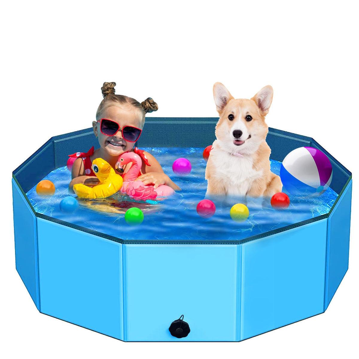 STUDESK foldable dog pool 48-inch side view shows a sturdy frame for safe outdoor play.