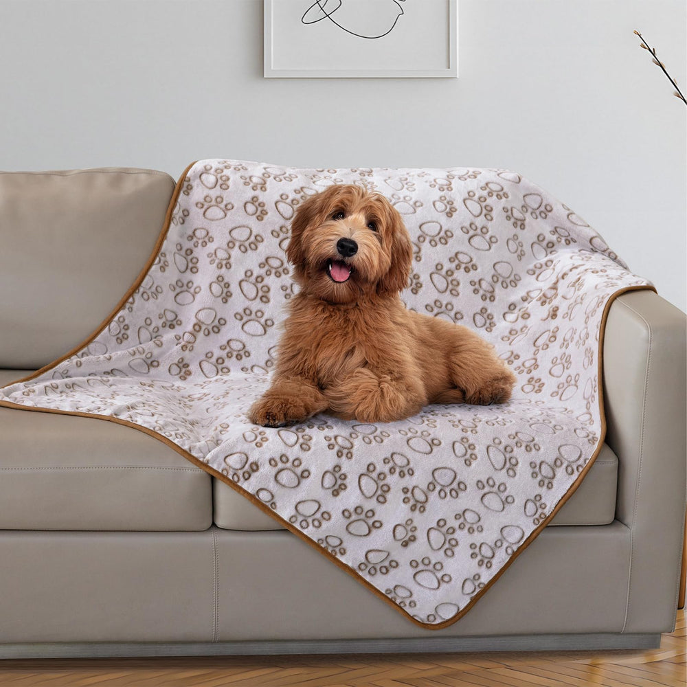 Stuffed dog blanket with paw-print top for cozy naps.