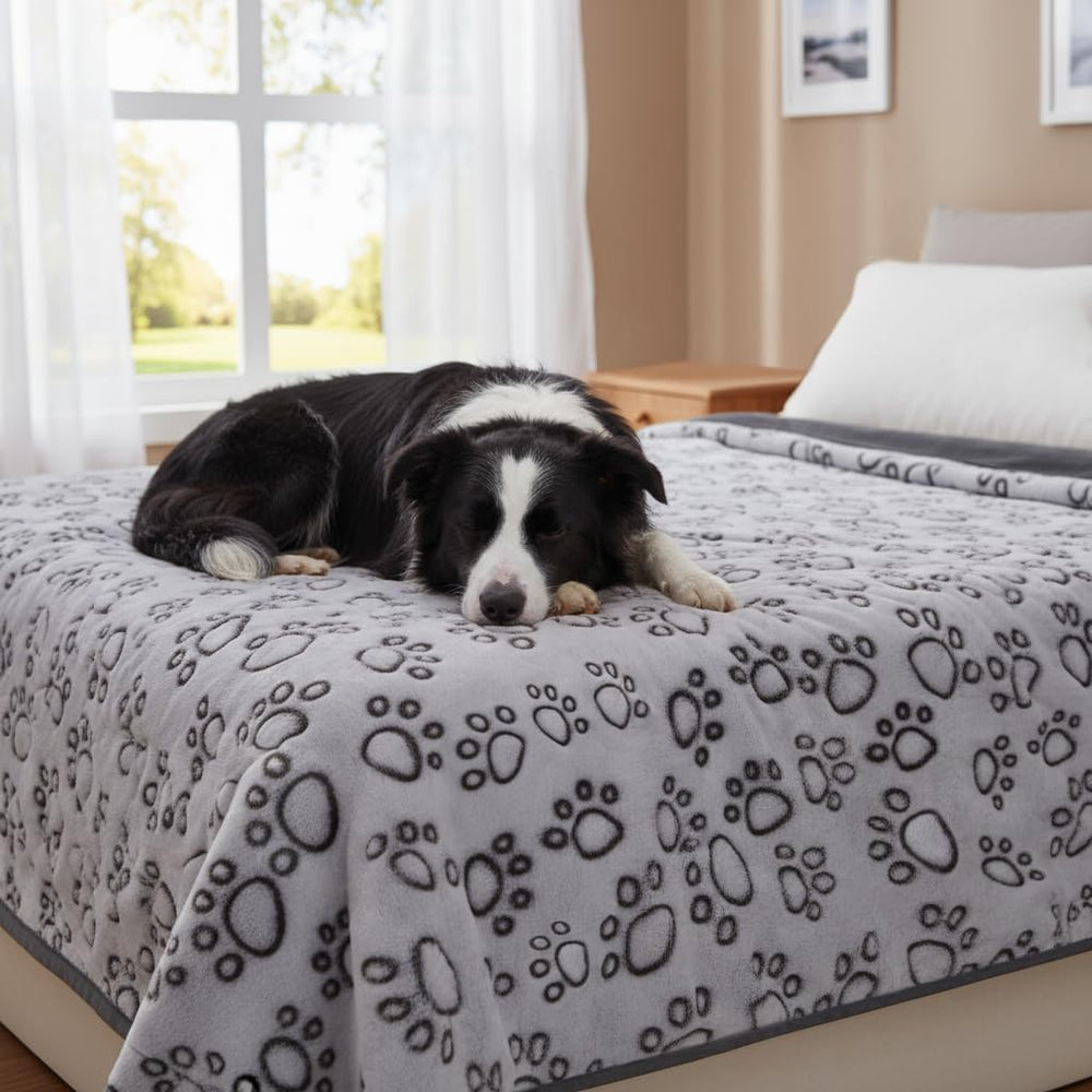 Stuffed premium soft dog blanket paw print top for cozy warmth.