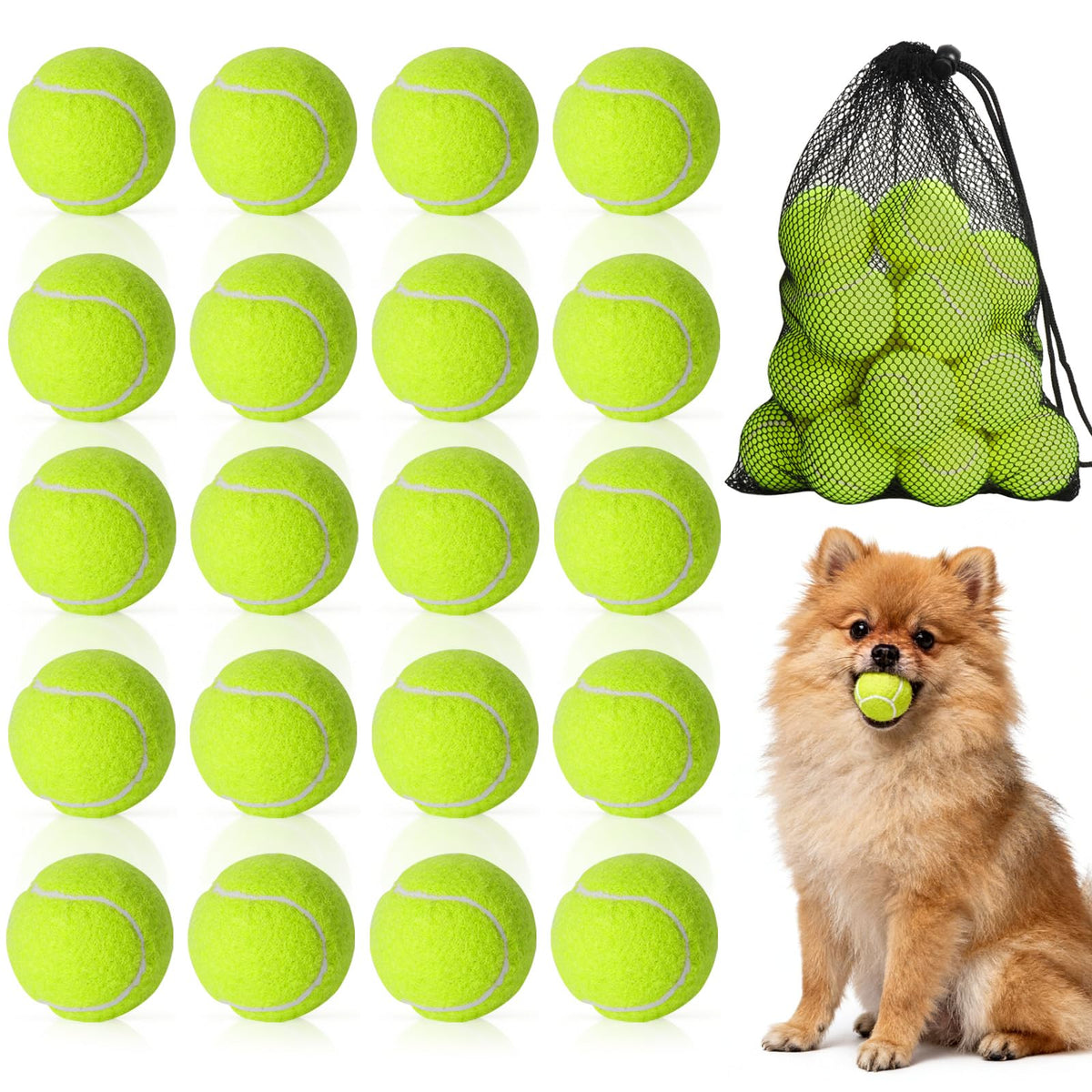 StyEdEk 20-pack dog tennis balls with mesh bag in yellow for easy storage.