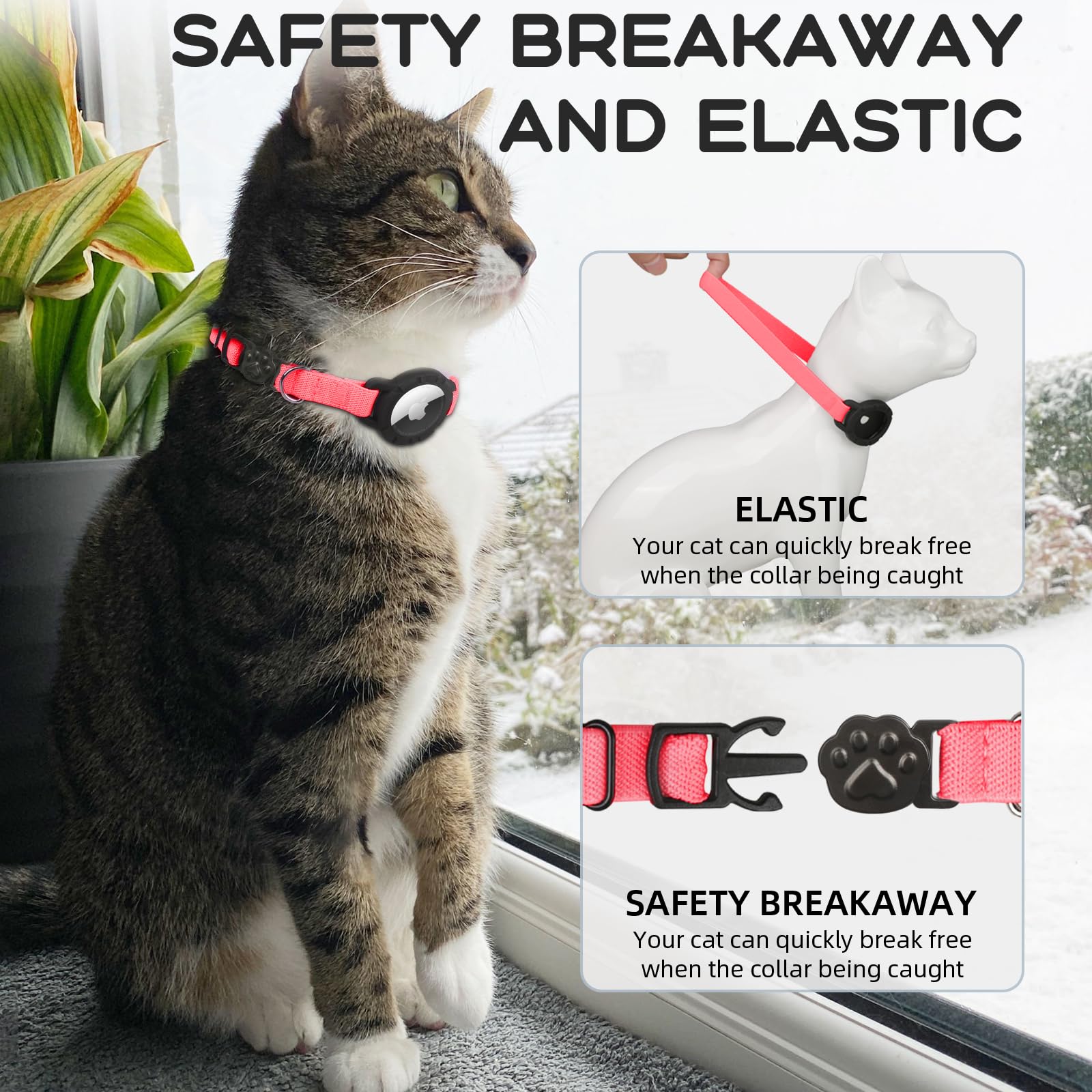 Sucegi AirTag cat collar buckle close-up highlights secure adjustment.