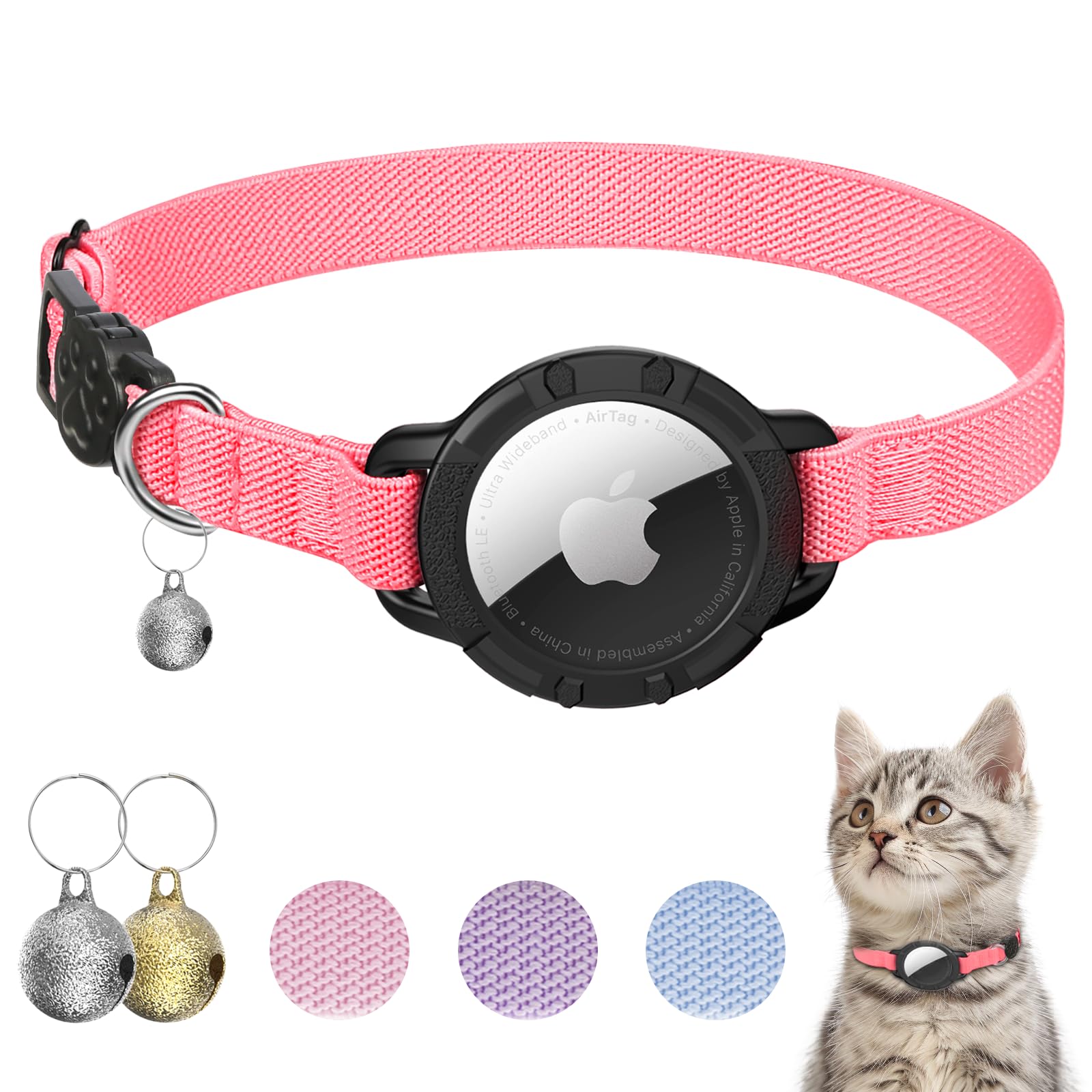 Sucegi AirTag cat collar outer view shows durable fabric and hot pink color.