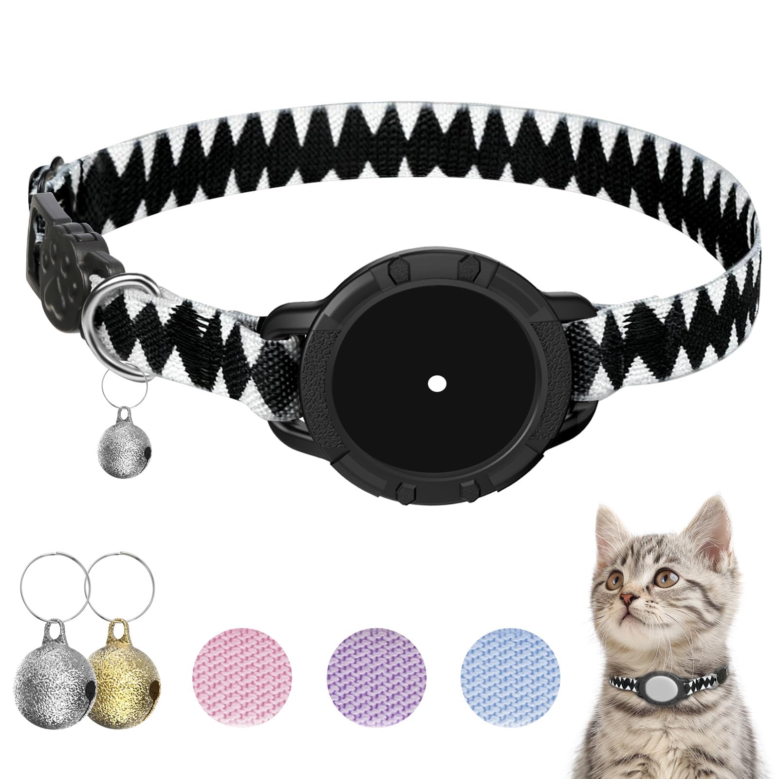 Sucegi AirTag cat collar with shark pattern and secure holder for easy location tracking