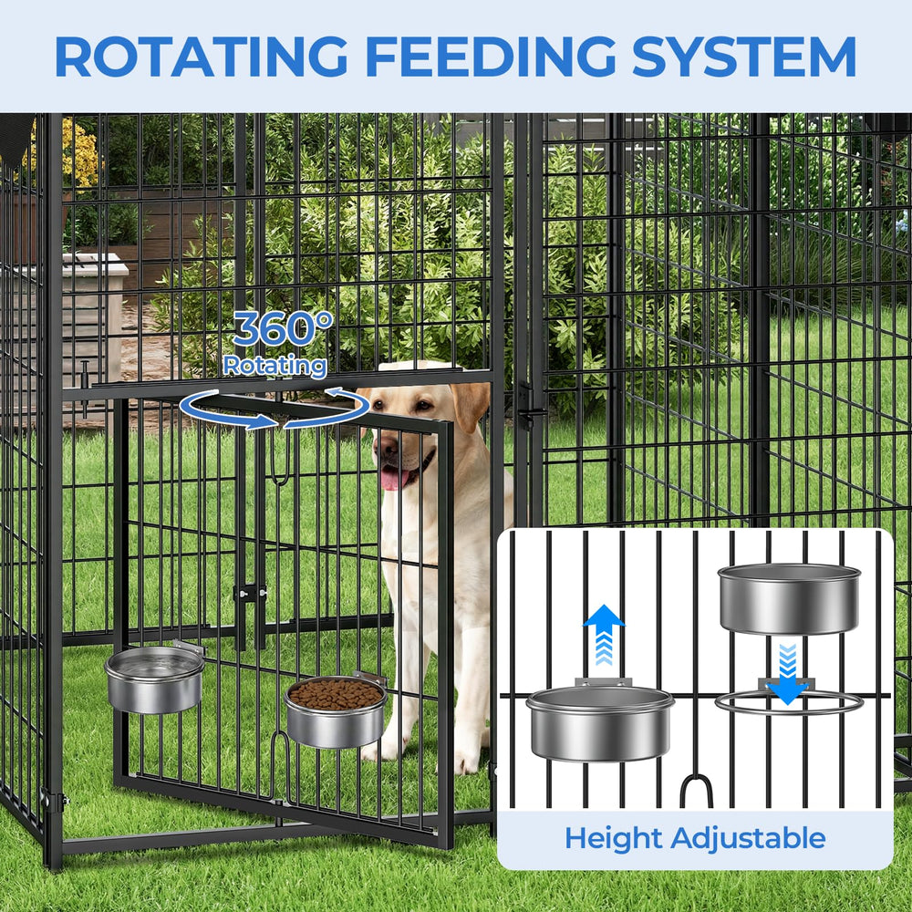 Suchown kennel with two metal bowls for convenient feeding without door access.