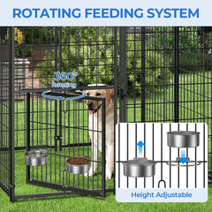 Suchown kennel with two metal bowls for convenient feeding without door access.