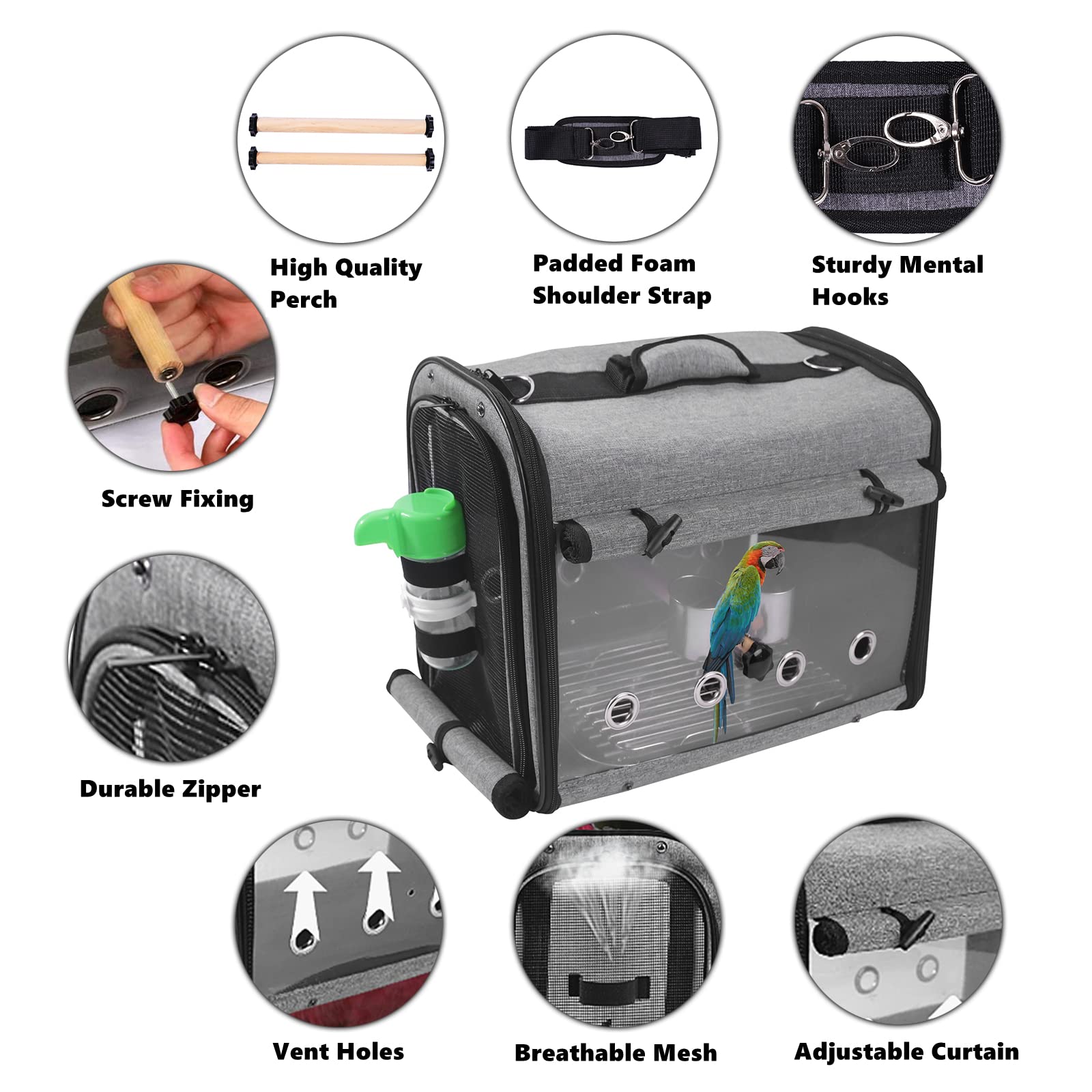 SUERTREE carrier includes removable bowls, water bottle, and two perches