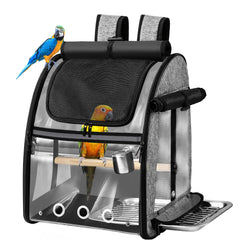 Suertree bird carrier close-up shows indestructible stainless steel mesh and clear airflow view.