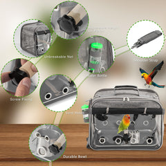 Suertree carrier shows removable bowl, water bottle, and perch for travel care