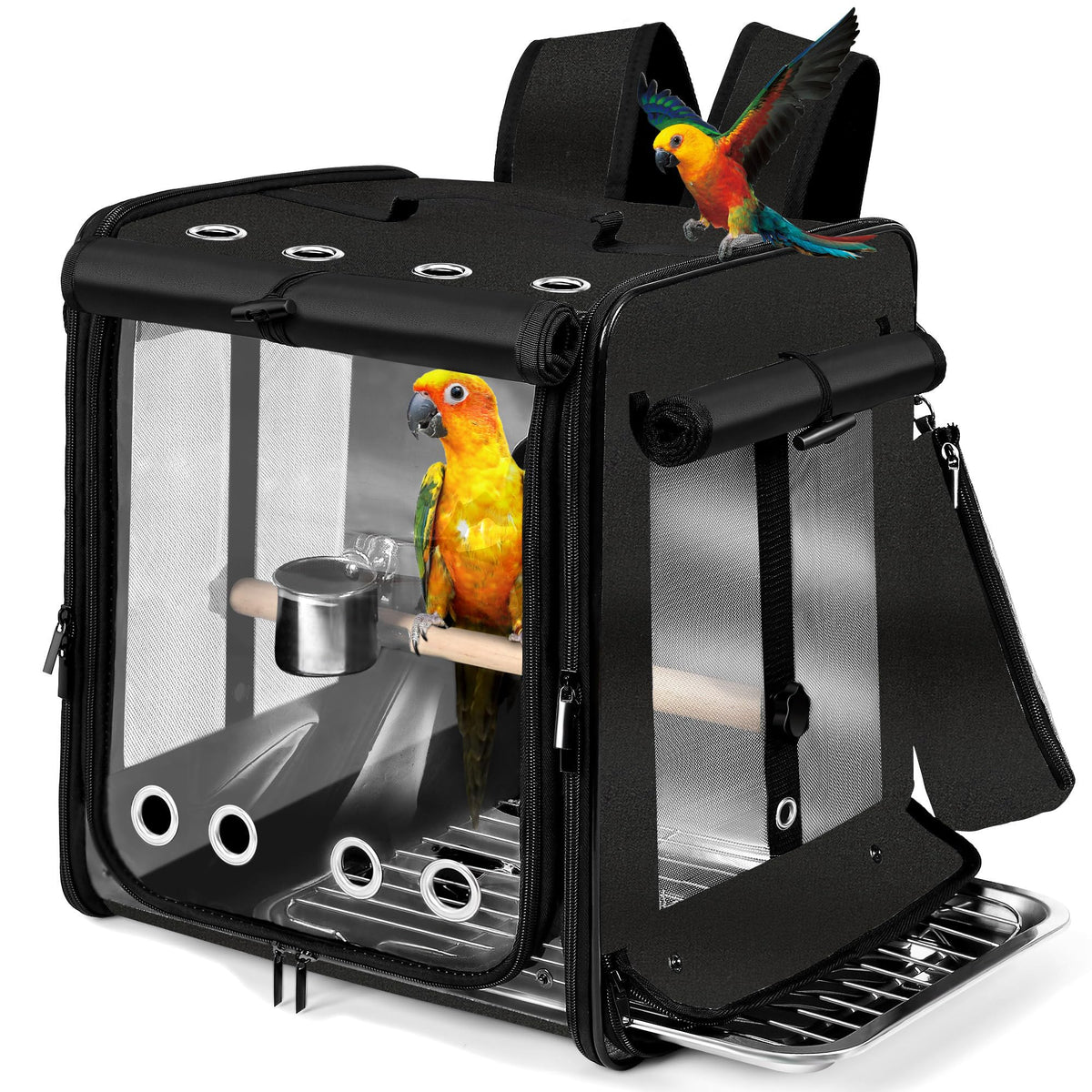 Suertree bird carrier with seatbelt fastener for secure car travel.
