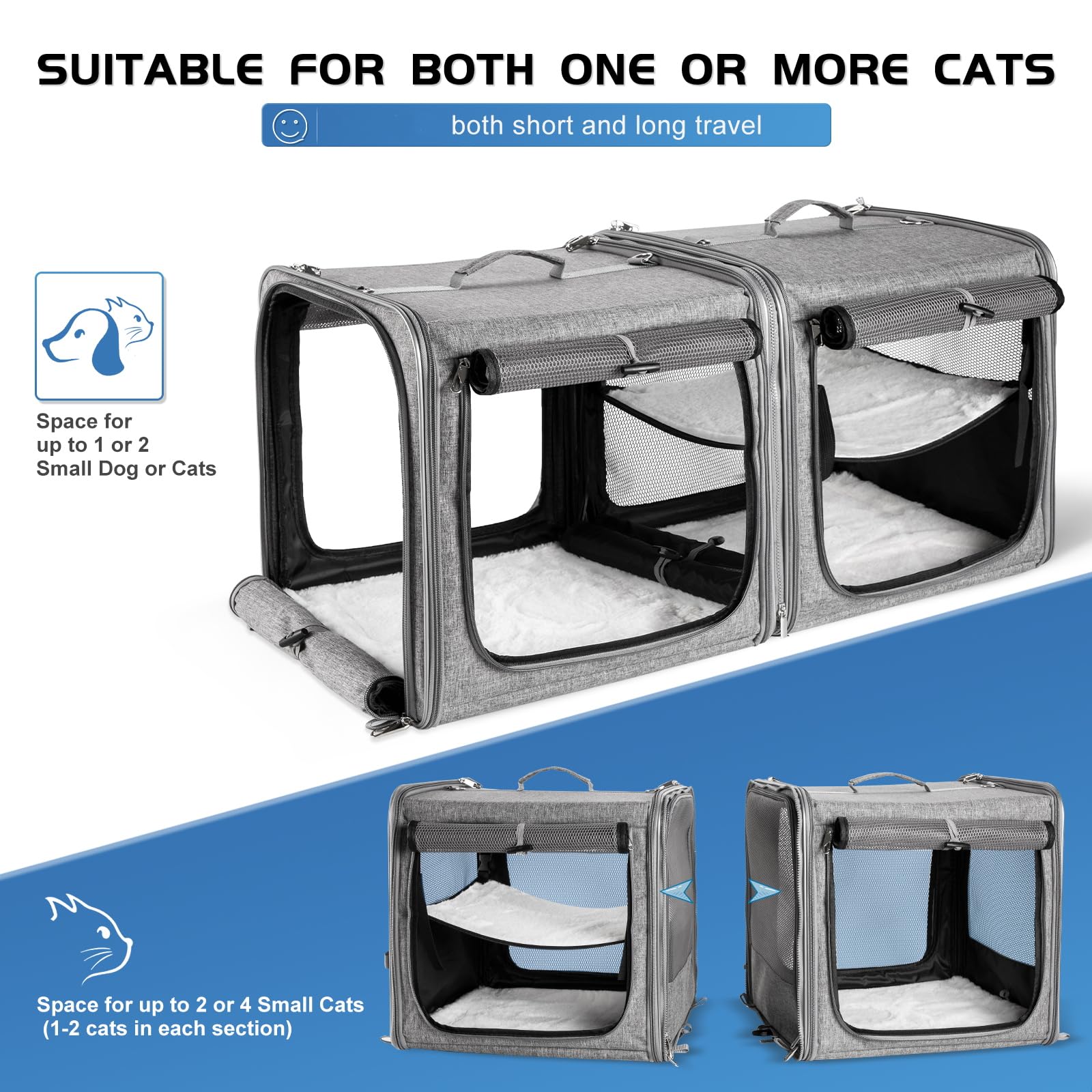 Suertree double-cat carrier with litter box offers easy on-the-go hygiene.