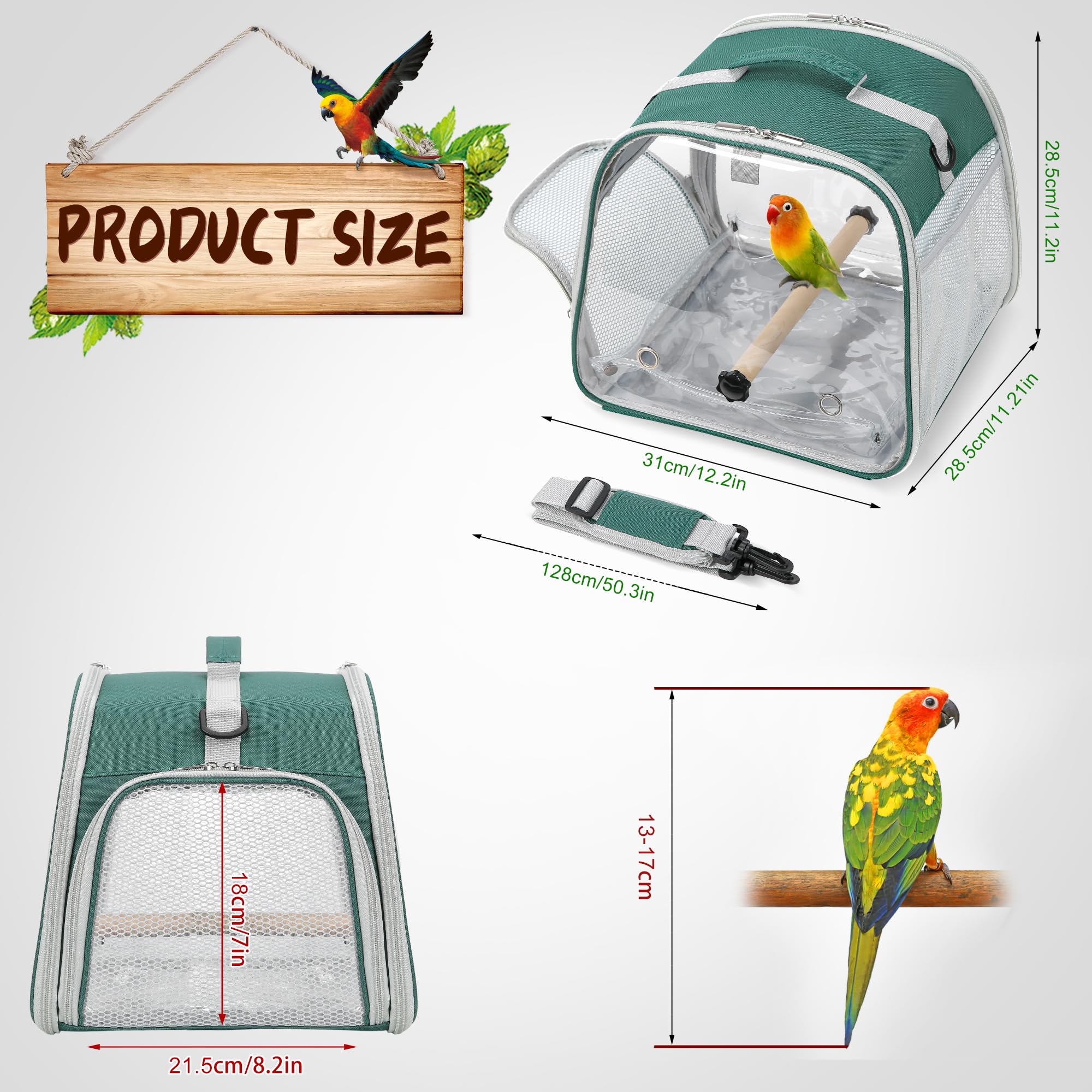 Suertree green travel cage ideal for cockatiels and parakeets on outings.