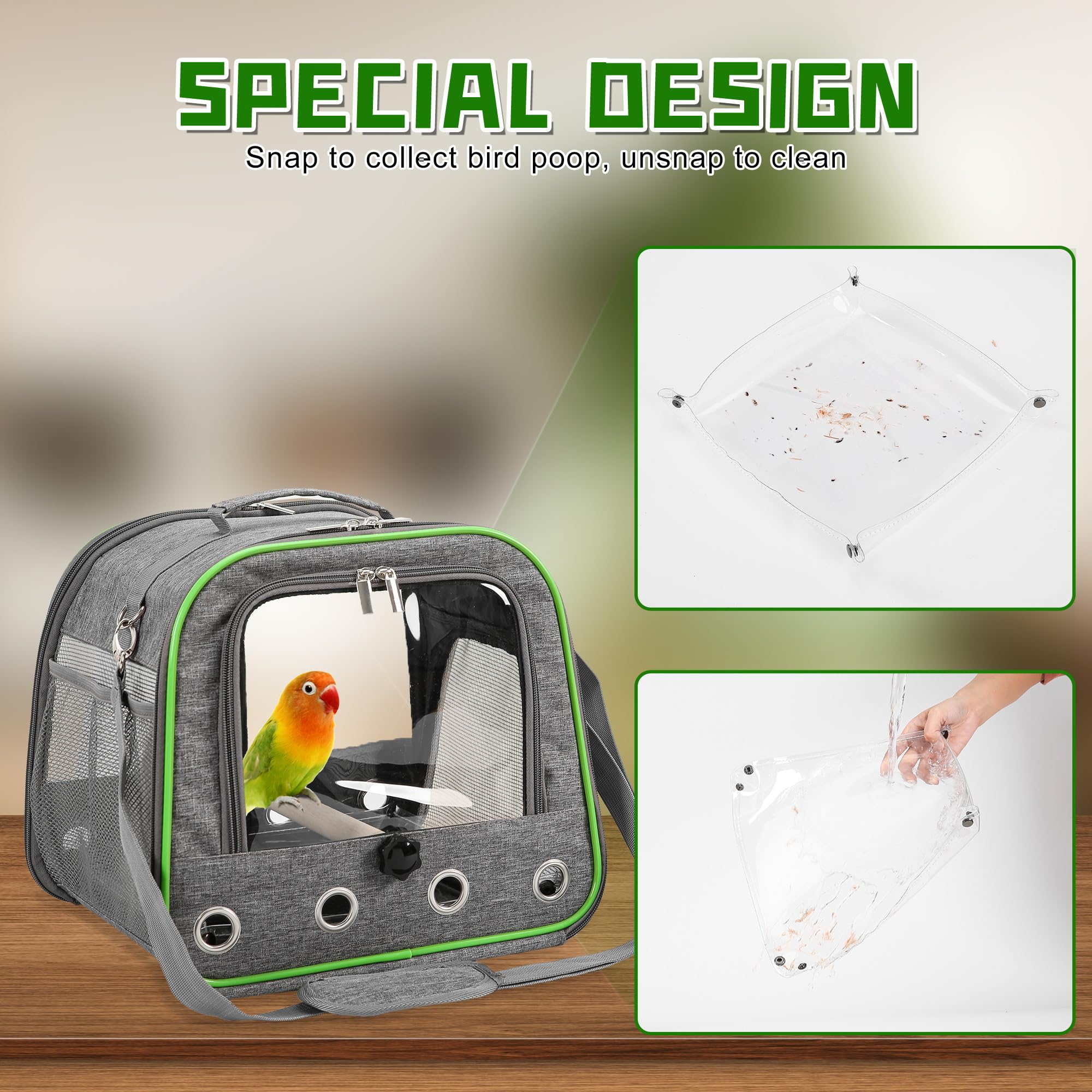 Suertree upgraded small bird carrier interior tray view highlighting easy cleaning and containment