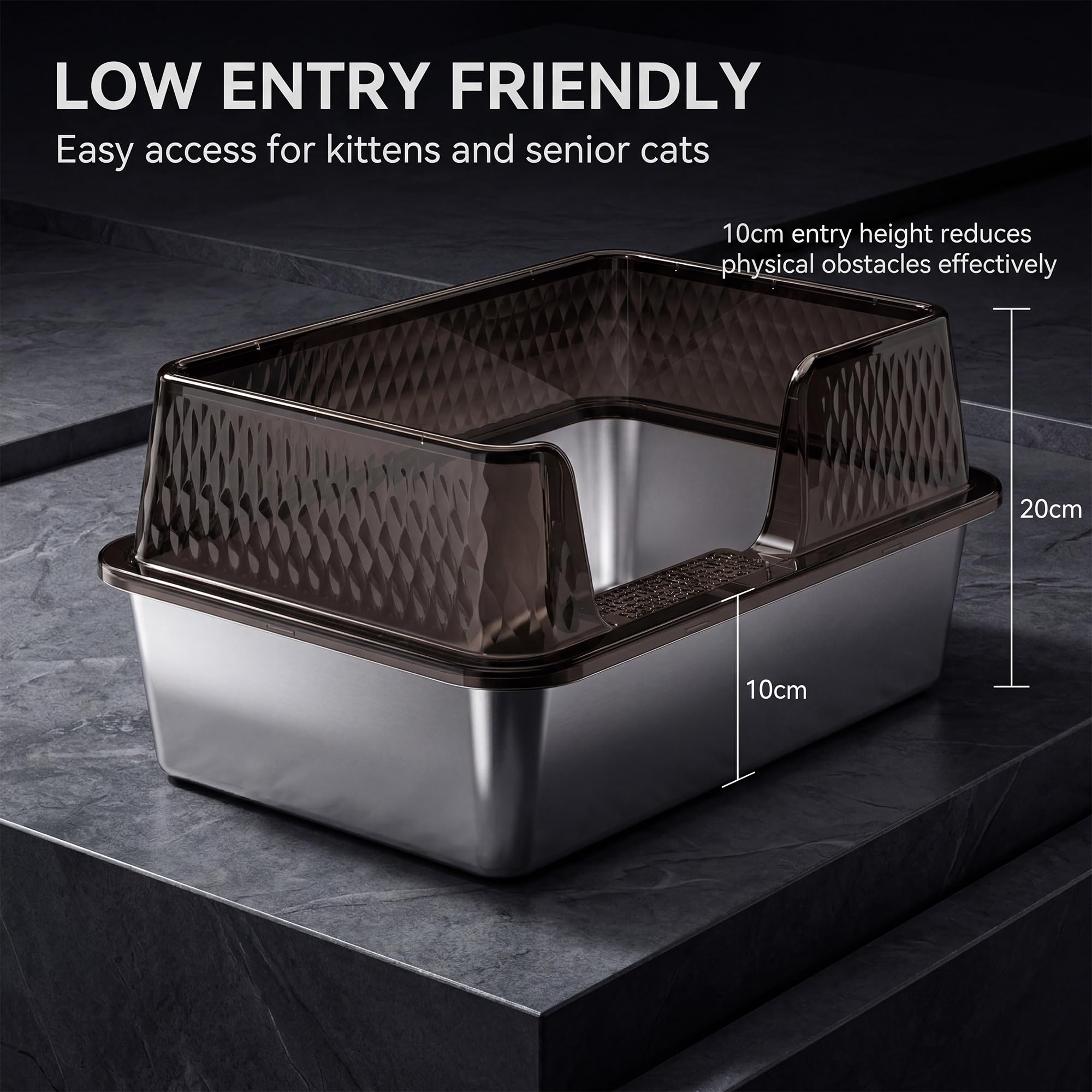 Suhaco high sides stainless litter box helps keep litter inside and odors controlled