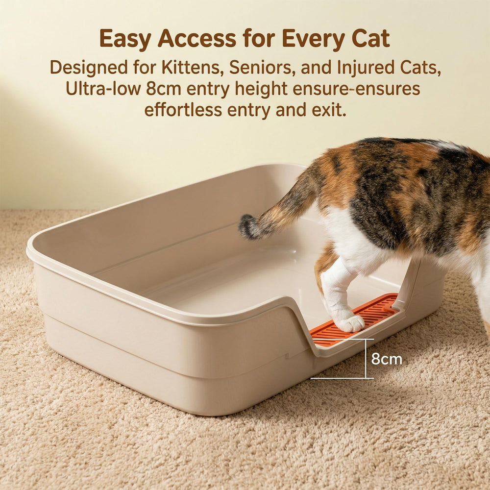 Suhaco low-entry litter box entry-side view highlights easy access for seniors.