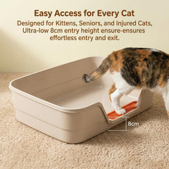 Suhaco low-entry litter box entry-side view highlights easy access for seniors.