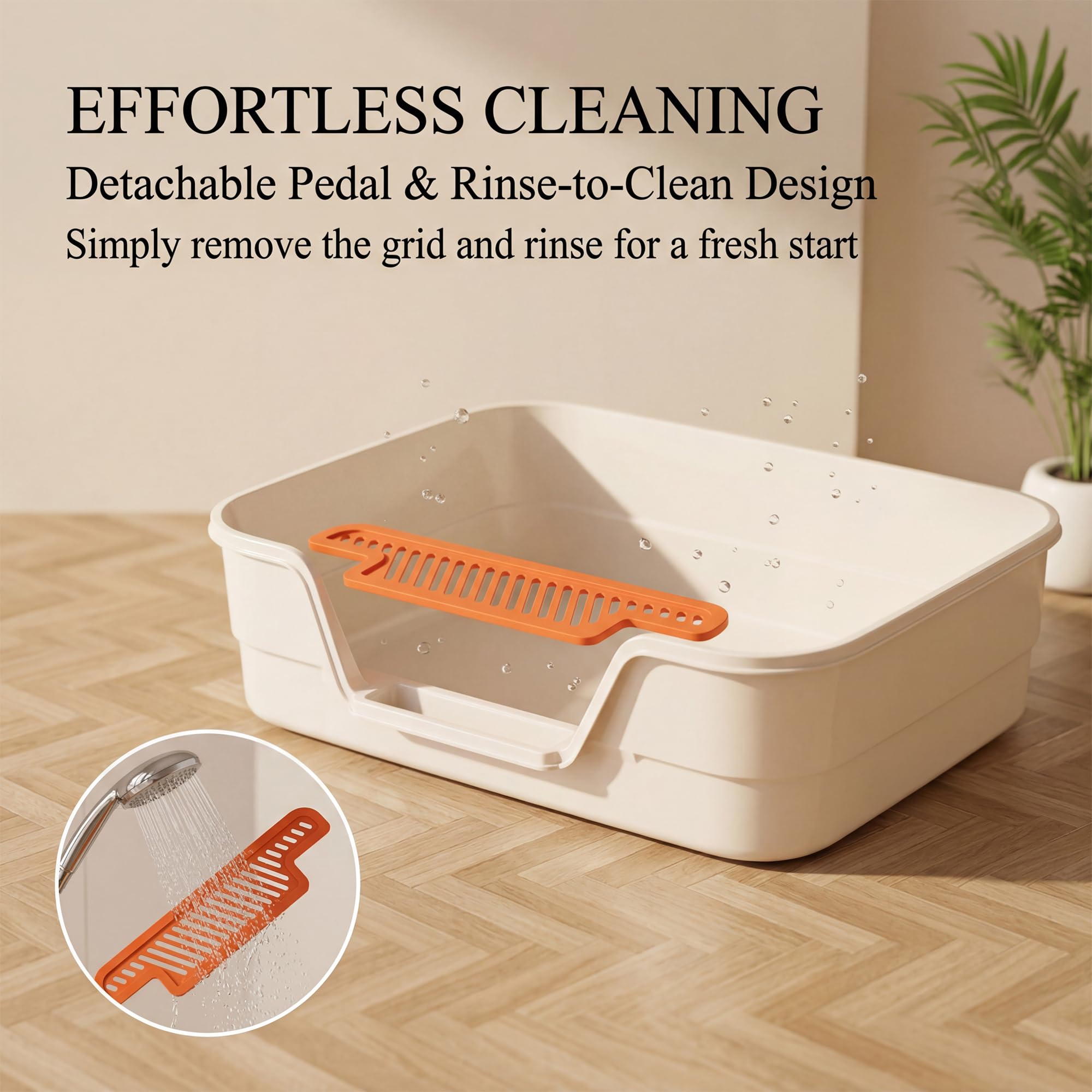 Suhaco low-entry litter box high sides provide containment during use.