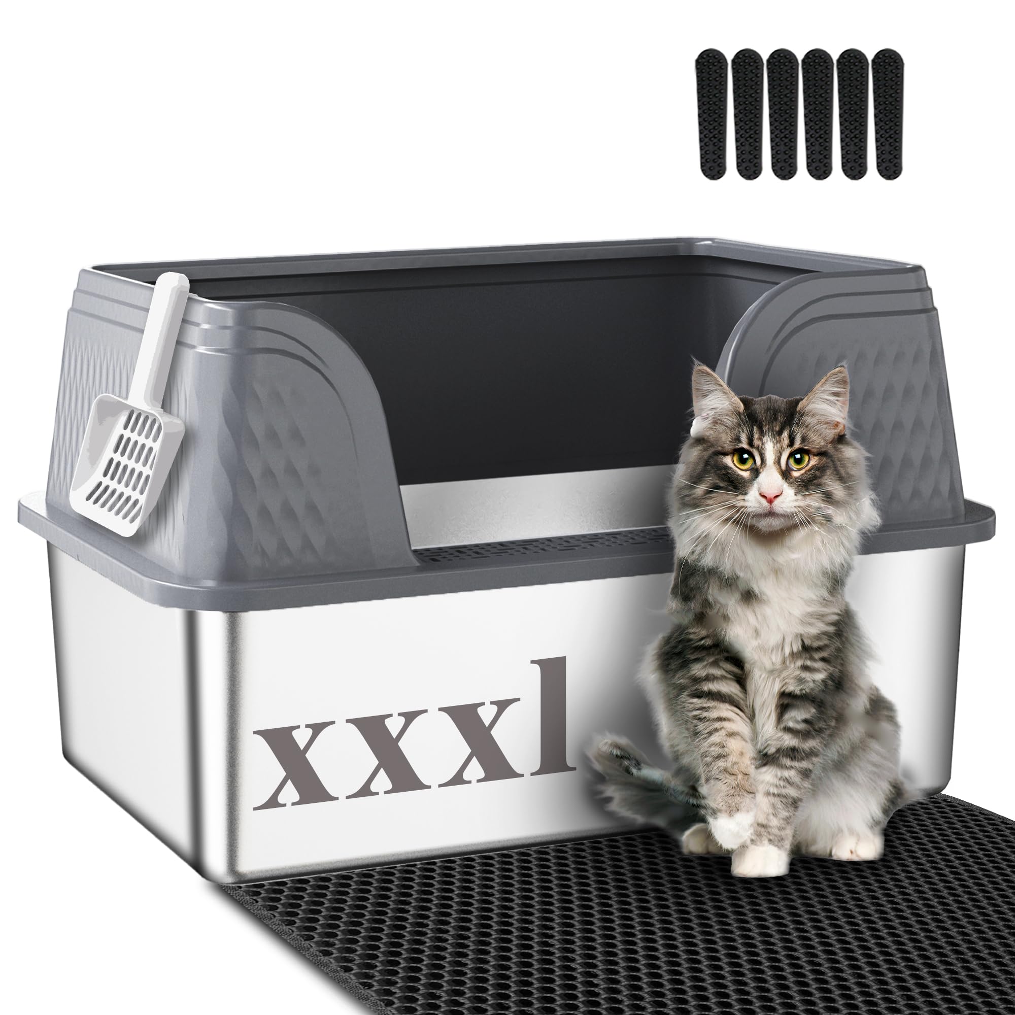 Suhaco XXXL stainless steel litter box front view showing roomy interior for large cats