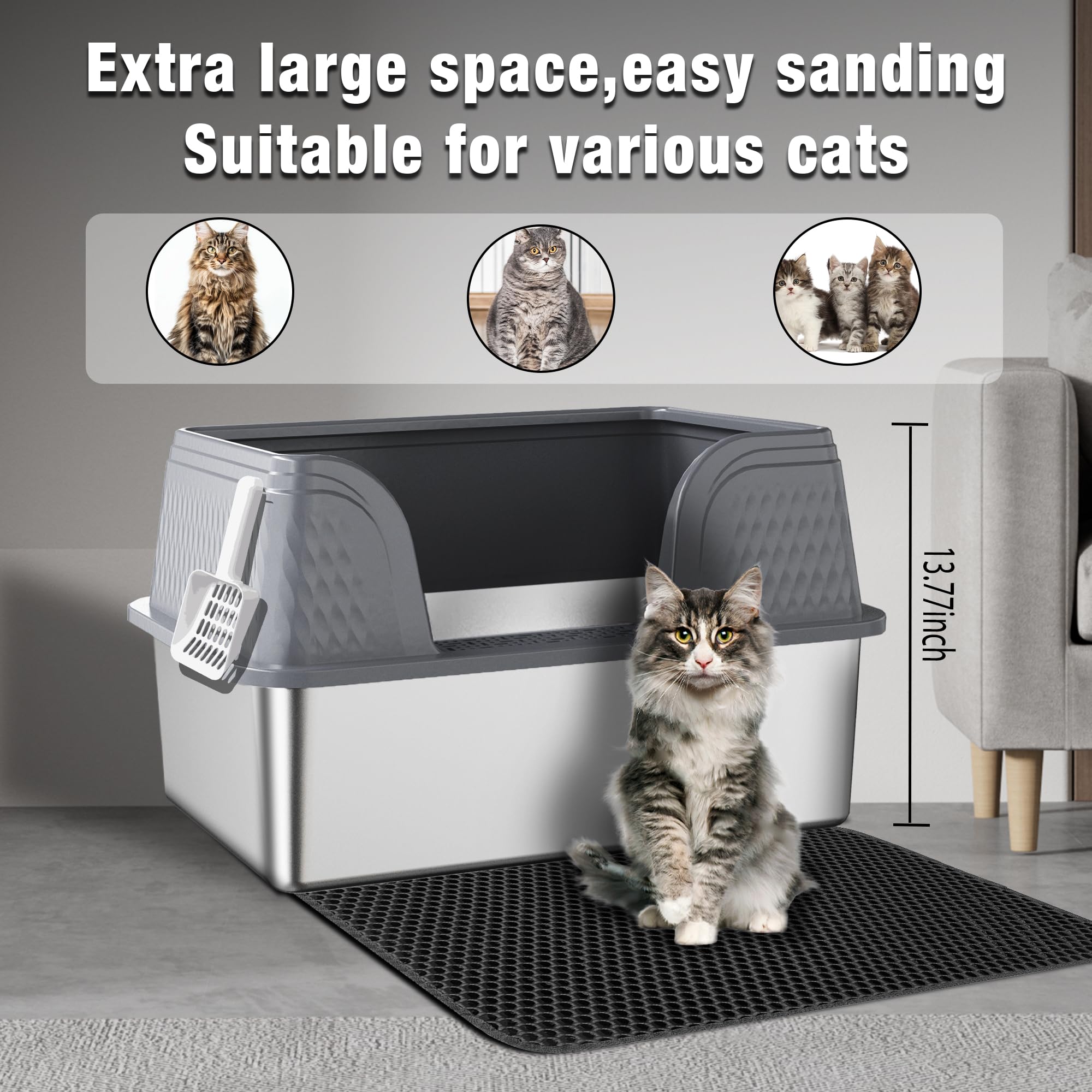 Suhaco XXXL stainless steel litter box with high-sided design to prevent spills