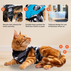 Suitical cat recovery suit rear snap closure for easy removal.